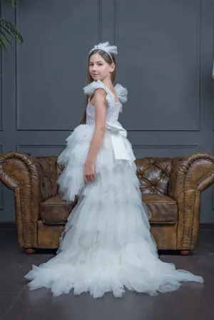 Pearl White Tulle Dress for Teenage Girls with Detachable Train