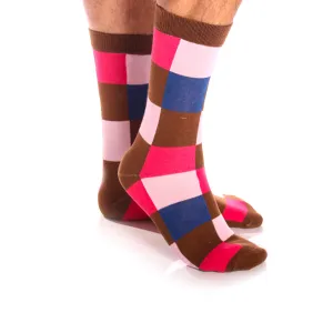 Pink Brown & Blue Square Mens Colorful Crew Socks - Premium Cotton Fun socks with Soft Elastic