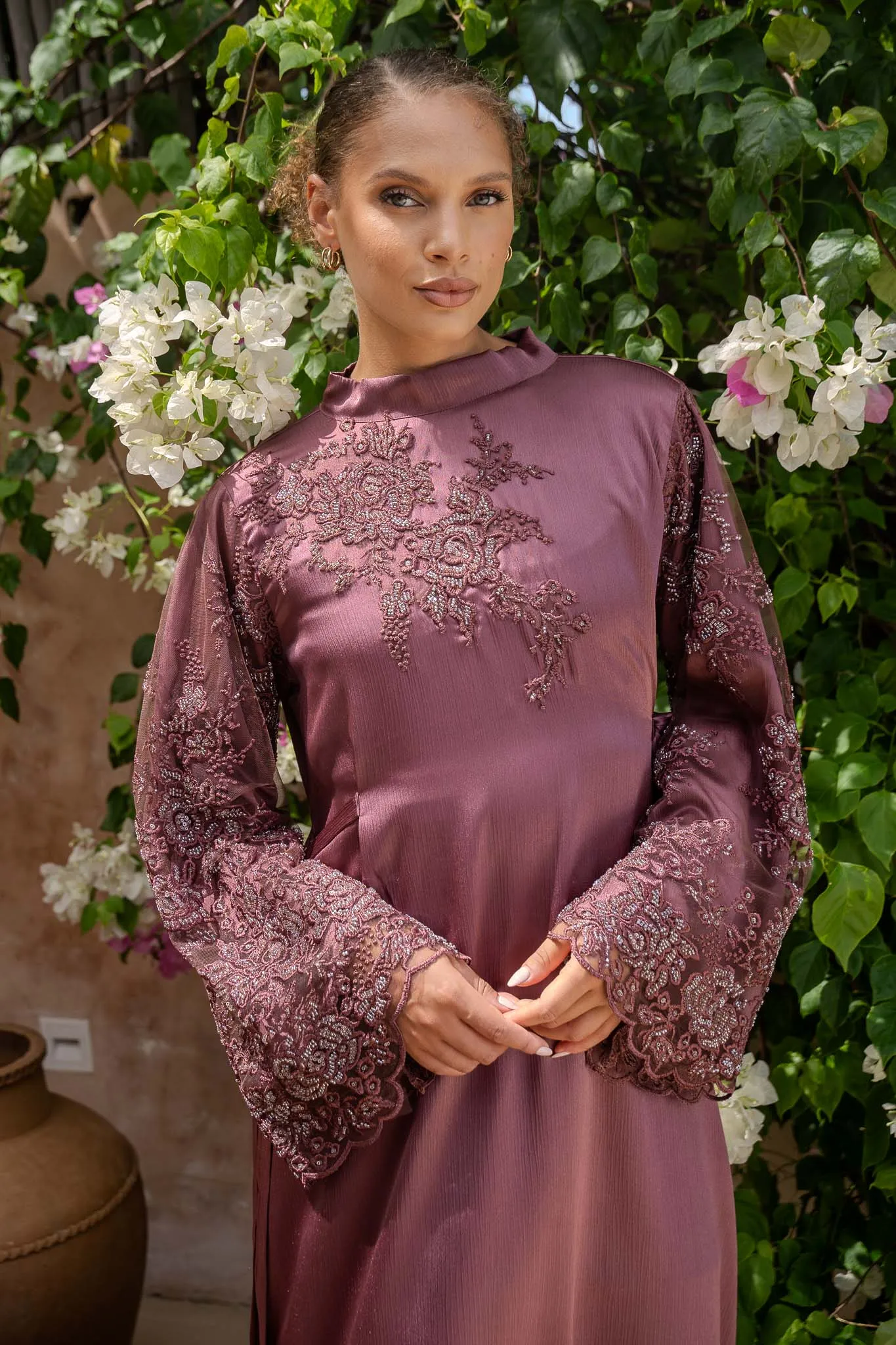 Plum Blooms Embellished Satin Abaya