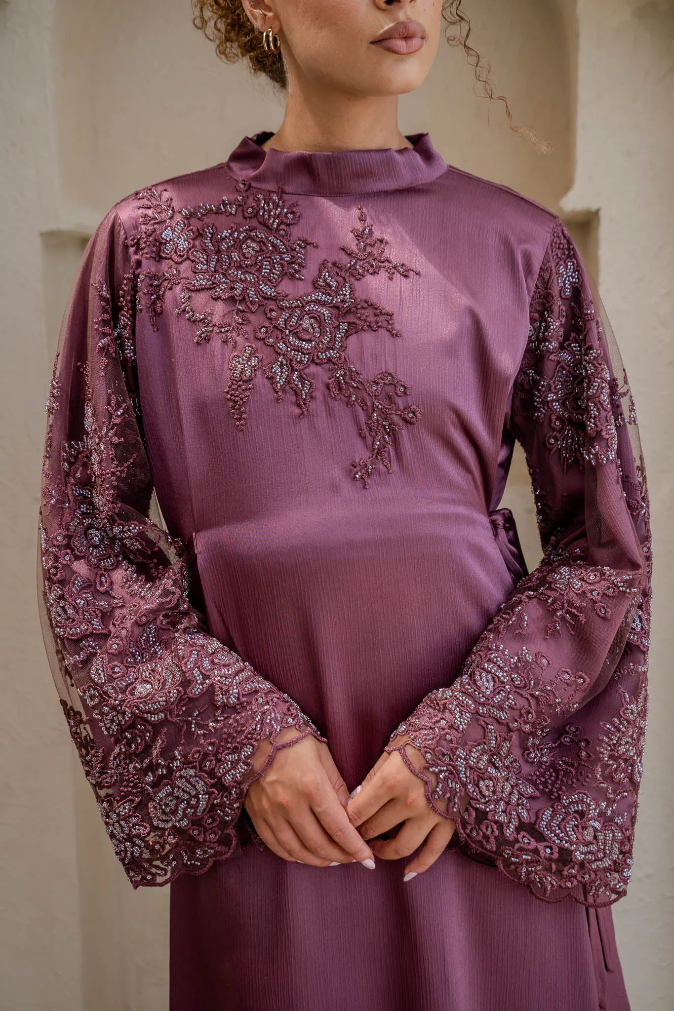 Plum Blooms Embellished Satin Abaya