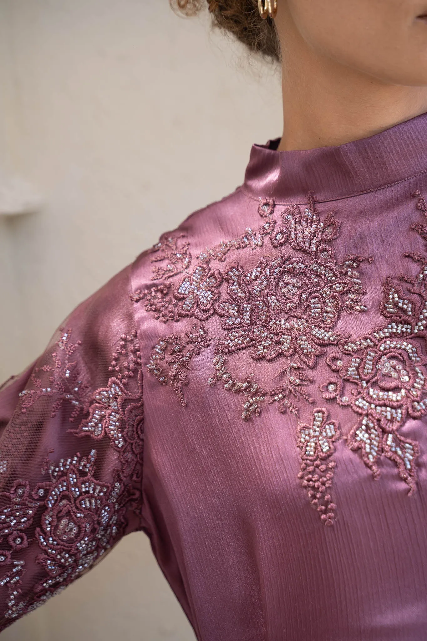 Plum Blooms Embellished Satin Abaya