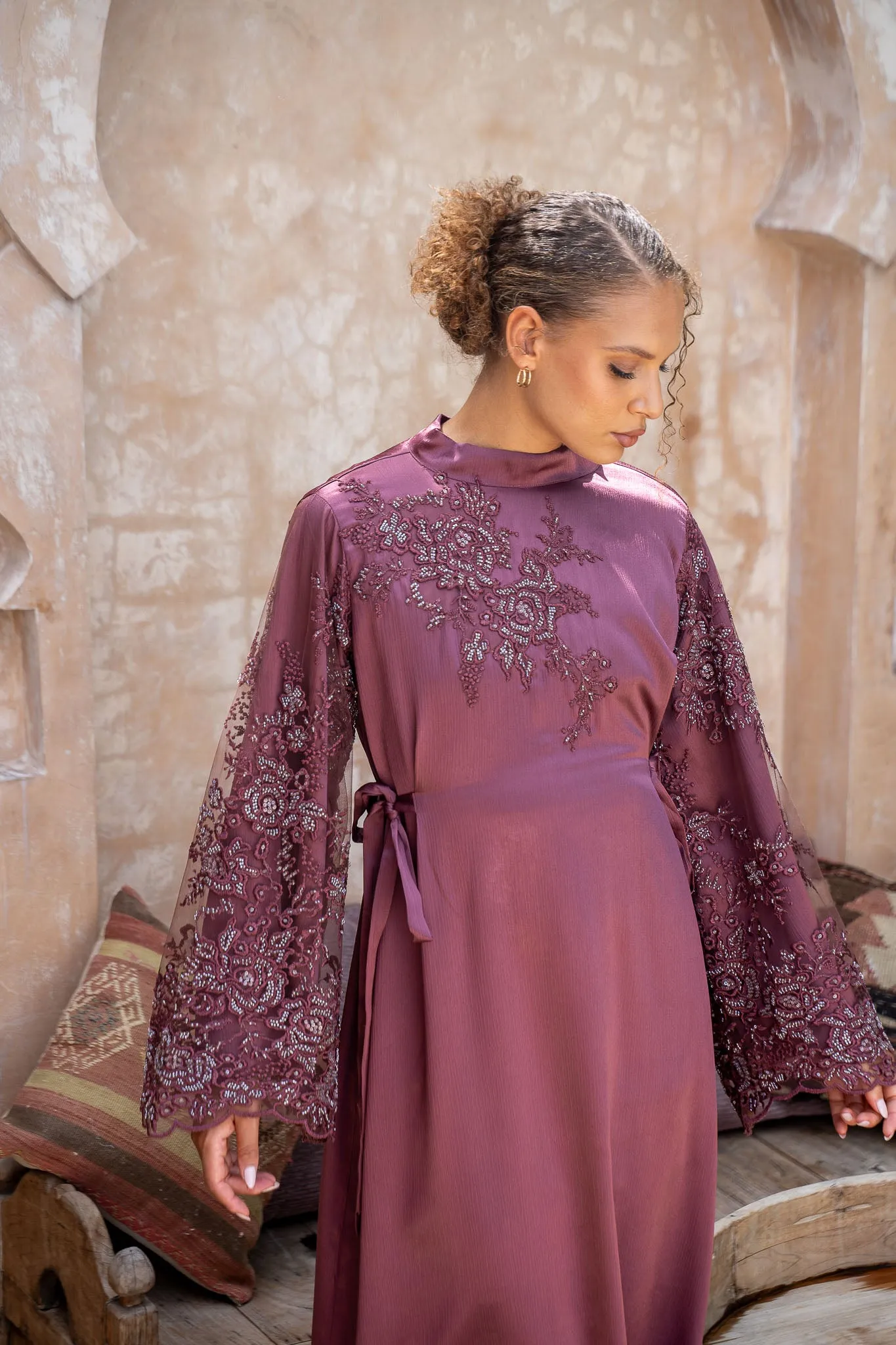 Plum Blooms Embellished Satin Abaya