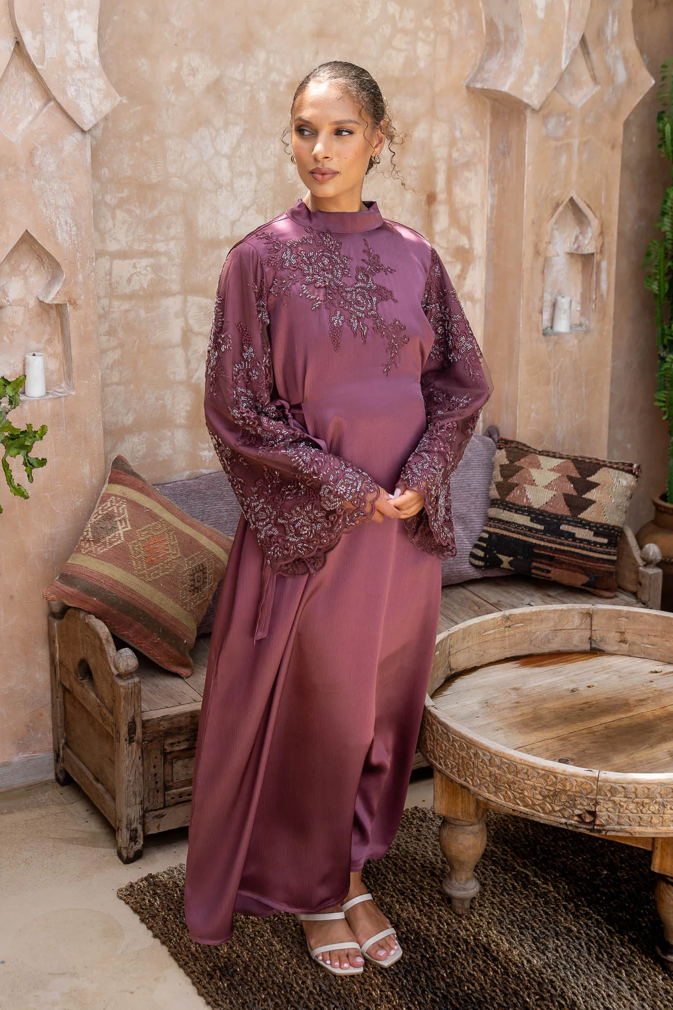 Plum Blooms Embellished Satin Abaya