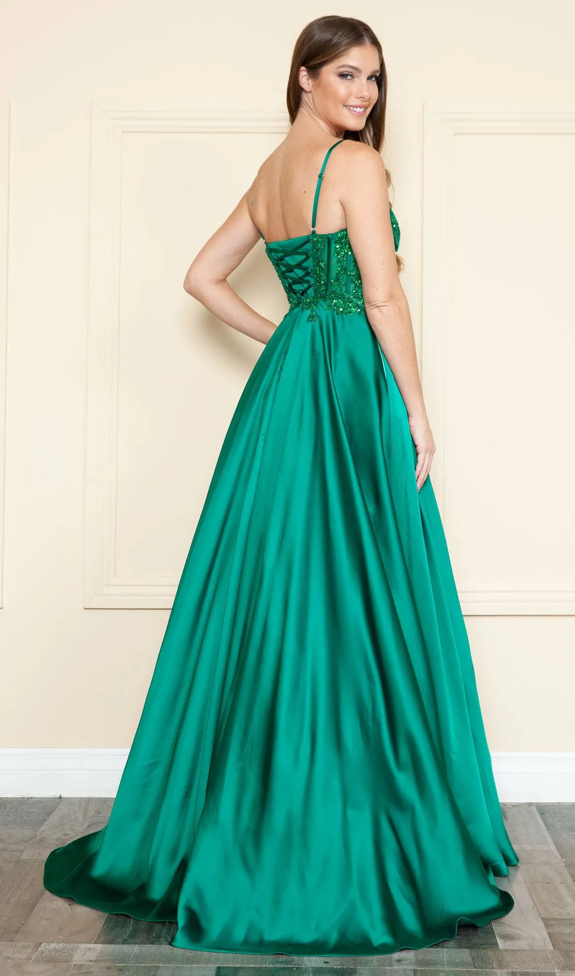Poly USA 9126 Floor Length A-Line Span Satin Gown with Pockets
