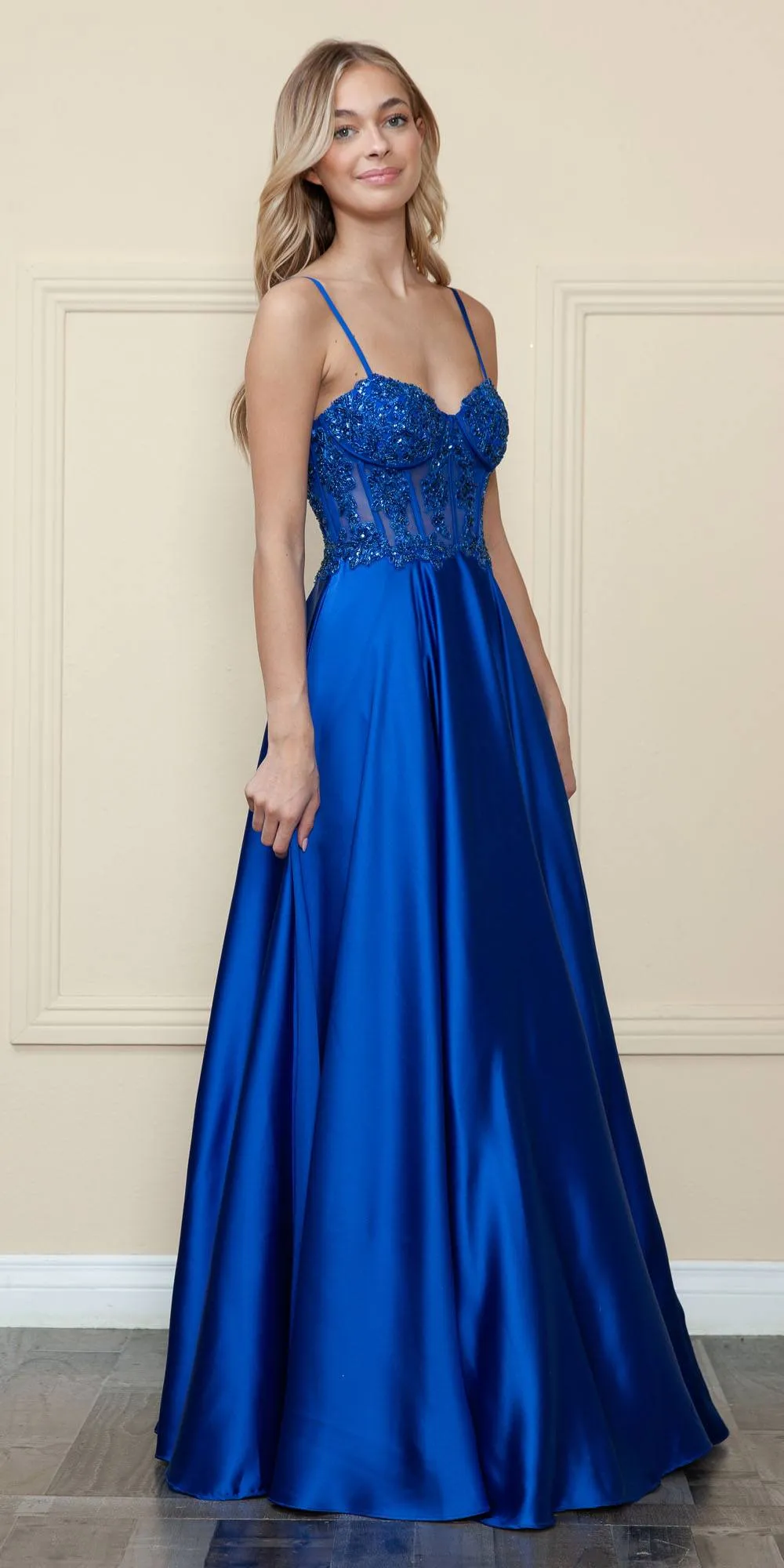 Poly USA 9126 Floor Length A-Line Span Satin Gown with Pockets