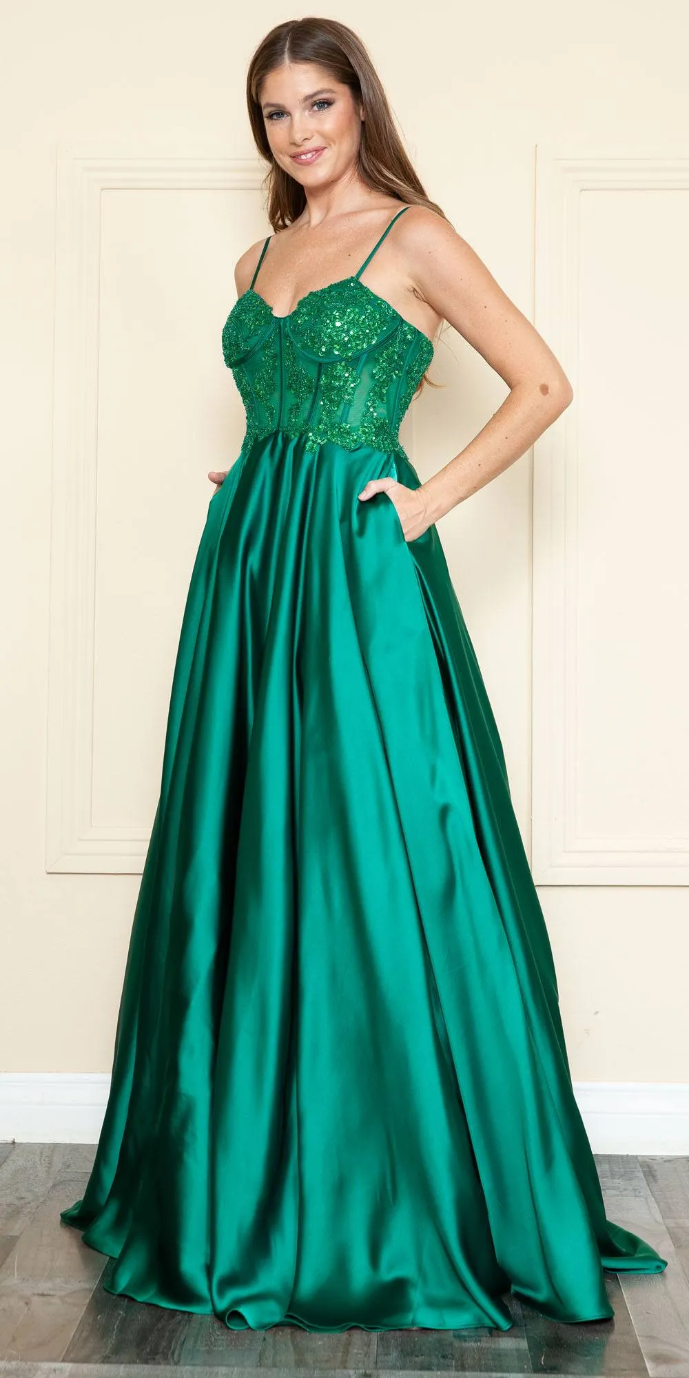 Poly USA 9126 Floor Length A-Line Span Satin Gown with Pockets