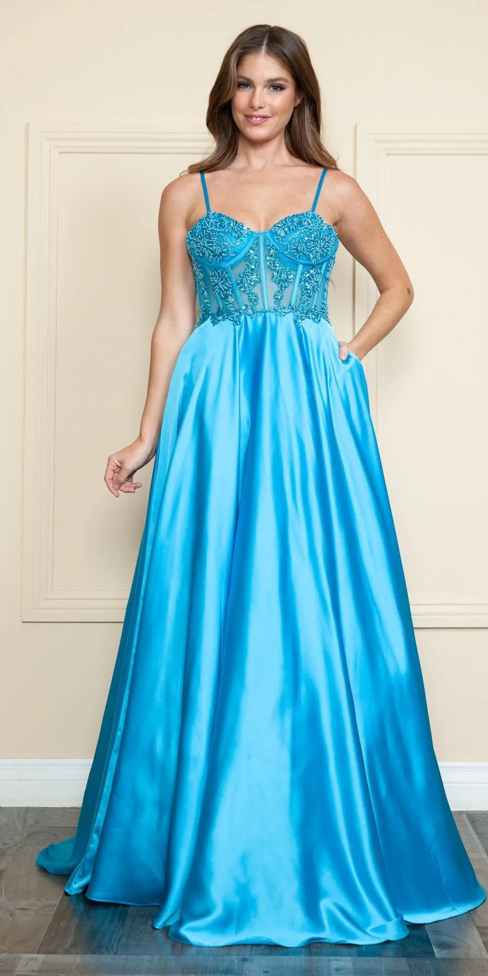 Poly USA 9126 Floor Length A-Line Span Satin Gown with Pockets