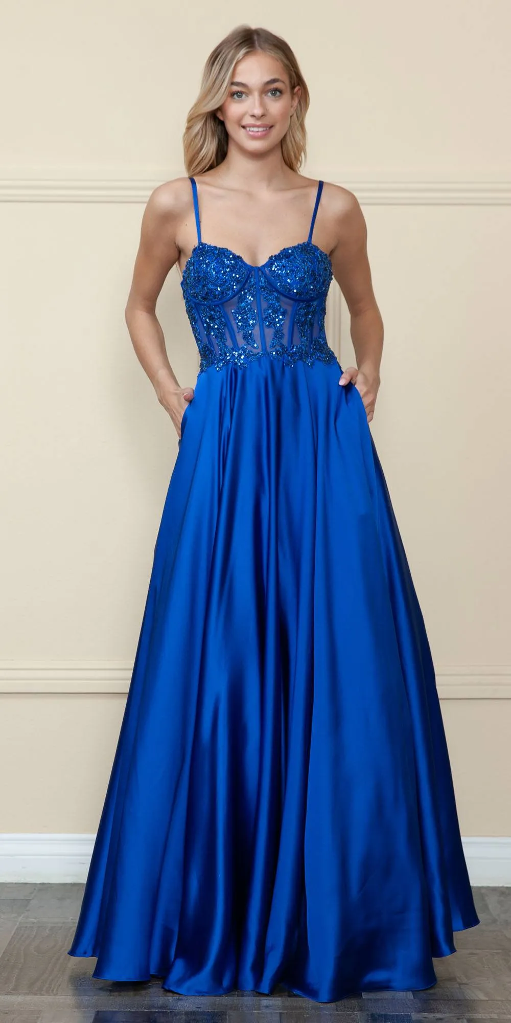 Poly USA 9126 Floor Length A-Line Span Satin Gown with Pockets