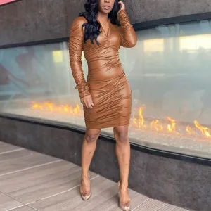 PU Pleats V-Neck Long Sleeve Dress