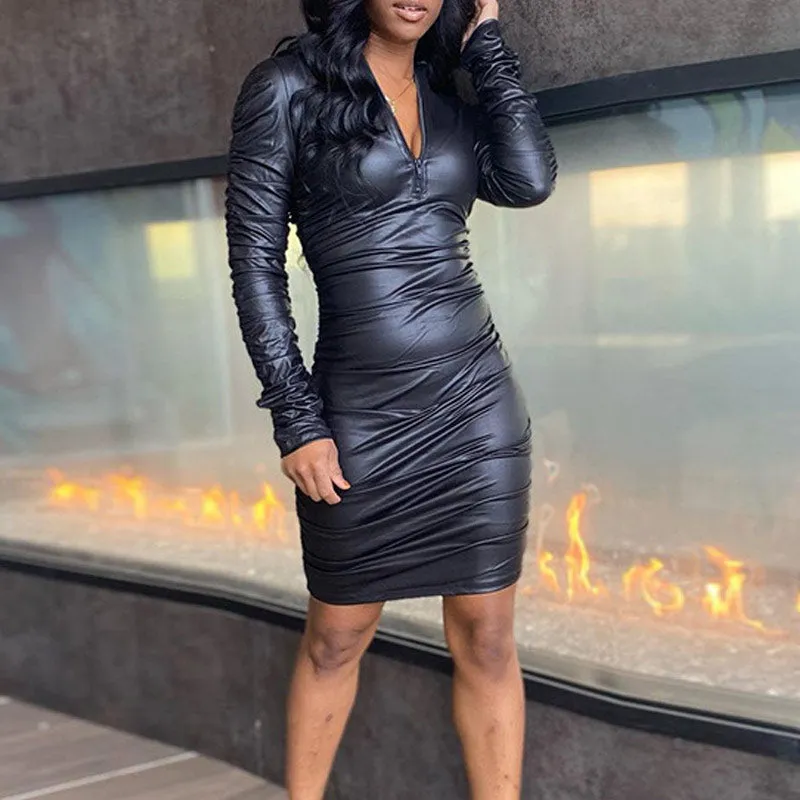 PU Pleats V-Neck Long Sleeve Dress