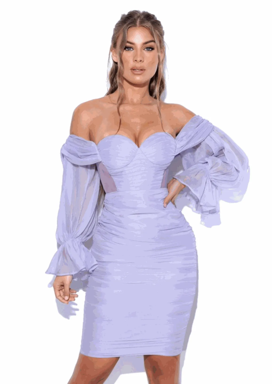 "ZAYDA" LAVANDER SILK OFF SHOULDER BALLON SLEEVES MIDI DRESS