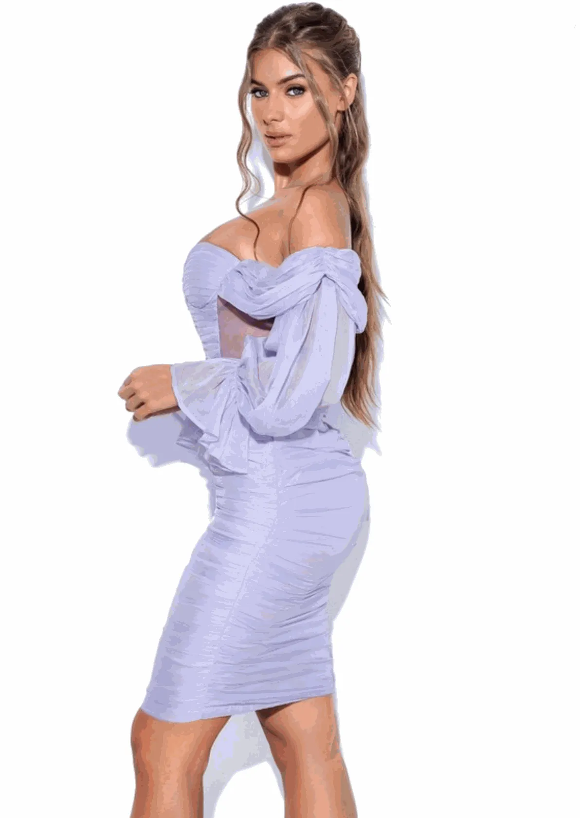 "ZAYDA" LAVANDER SILK OFF SHOULDER BALLON SLEEVES MIDI DRESS