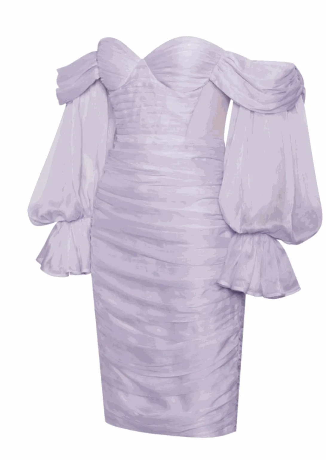 "ZAYDA" LAVANDER SILK OFF SHOULDER BALLON SLEEVES MIDI DRESS