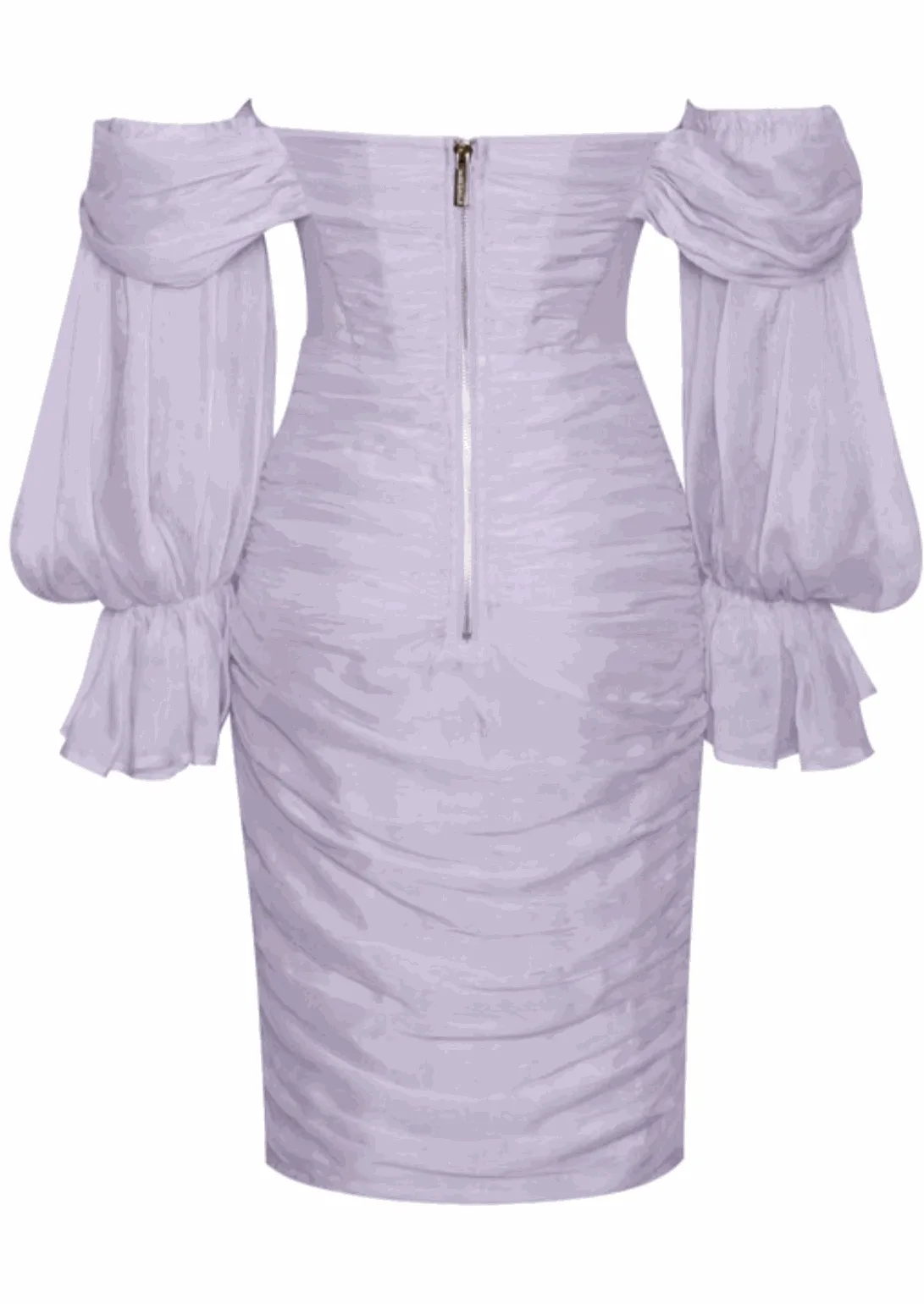 "ZAYDA" LAVANDER SILK OFF SHOULDER BALLON SLEEVES MIDI DRESS