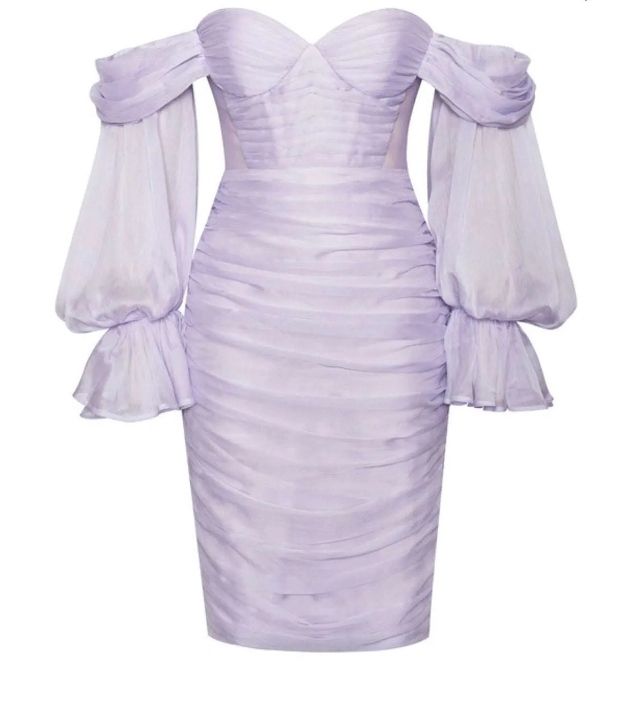 "ZAYDA" LAVANDER SILK OFF SHOULDER BALLON SLEEVES MIDI DRESS