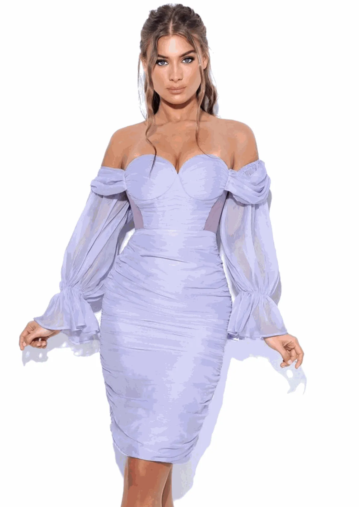 "ZAYDA" LAVANDER SILK OFF SHOULDER BALLON SLEEVES MIDI DRESS