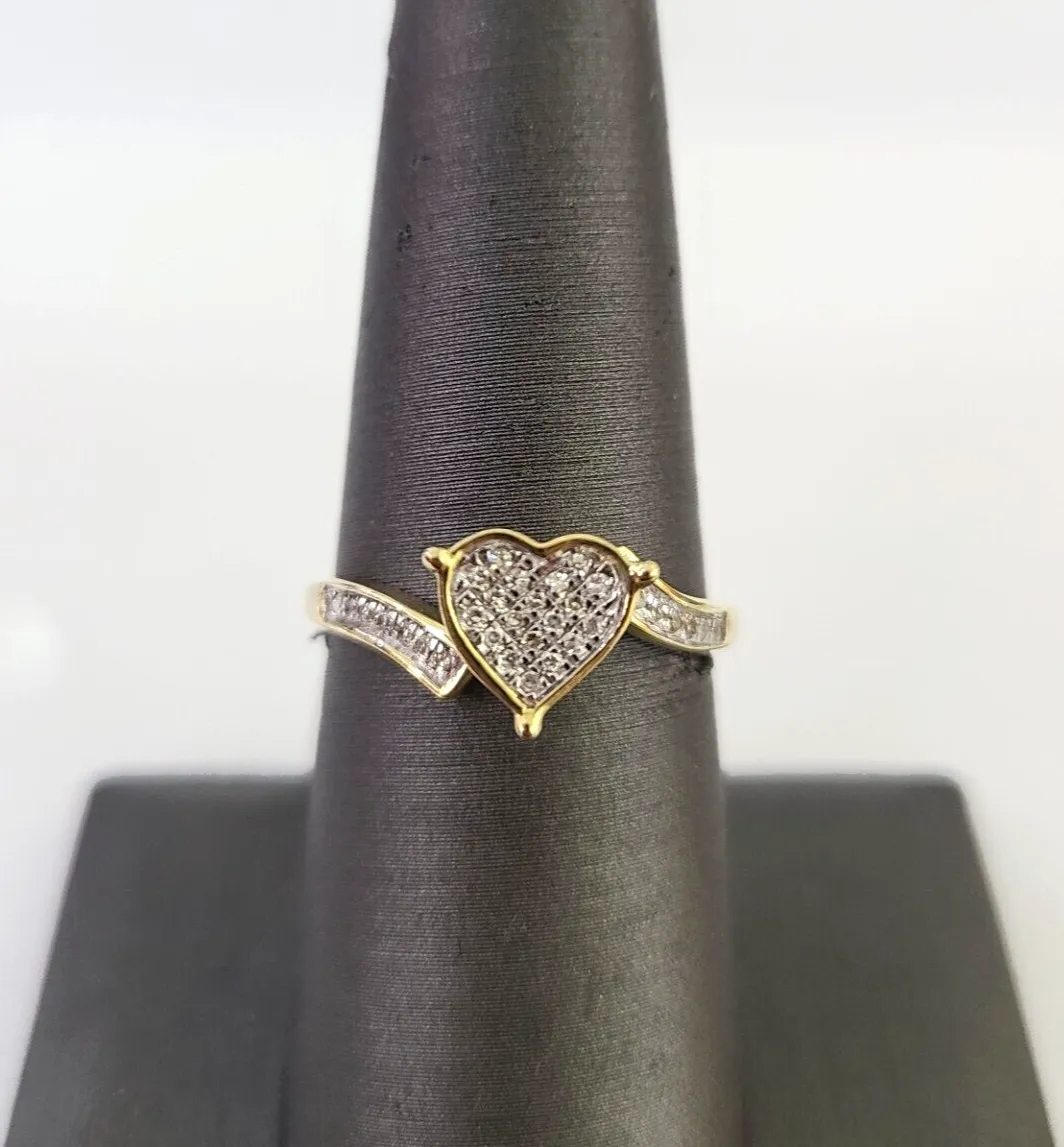 Real 10k Hearts Diamond Ladies Ring Women Casual 10Kt Yellow Gold