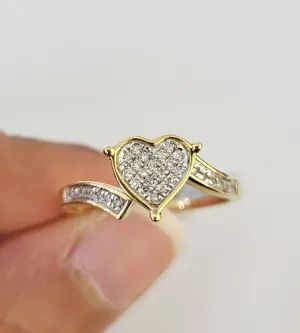 Real 10k Hearts Diamond Ladies Ring Women Casual 10Kt Yellow Gold
