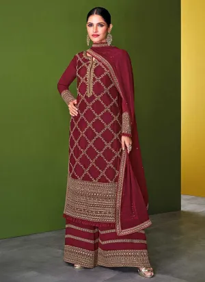 Red and Gold Embroidered Palazzo Style Suit