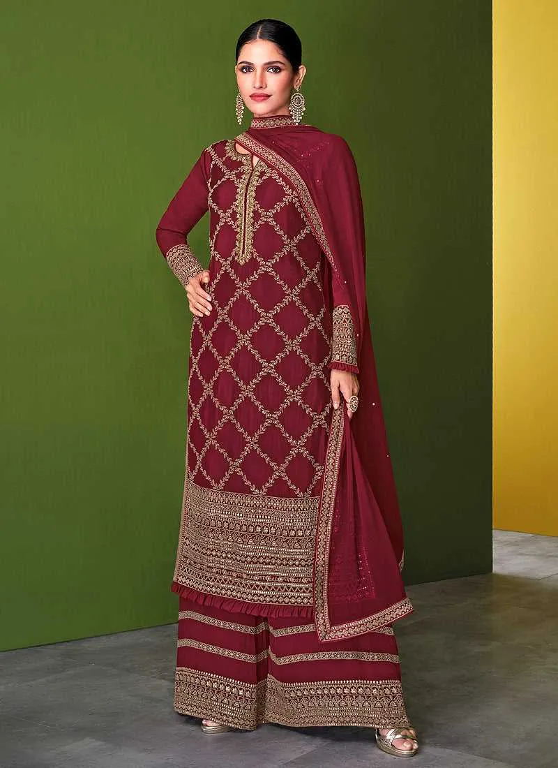 Red and Gold Embroidered Palazzo Style Suit