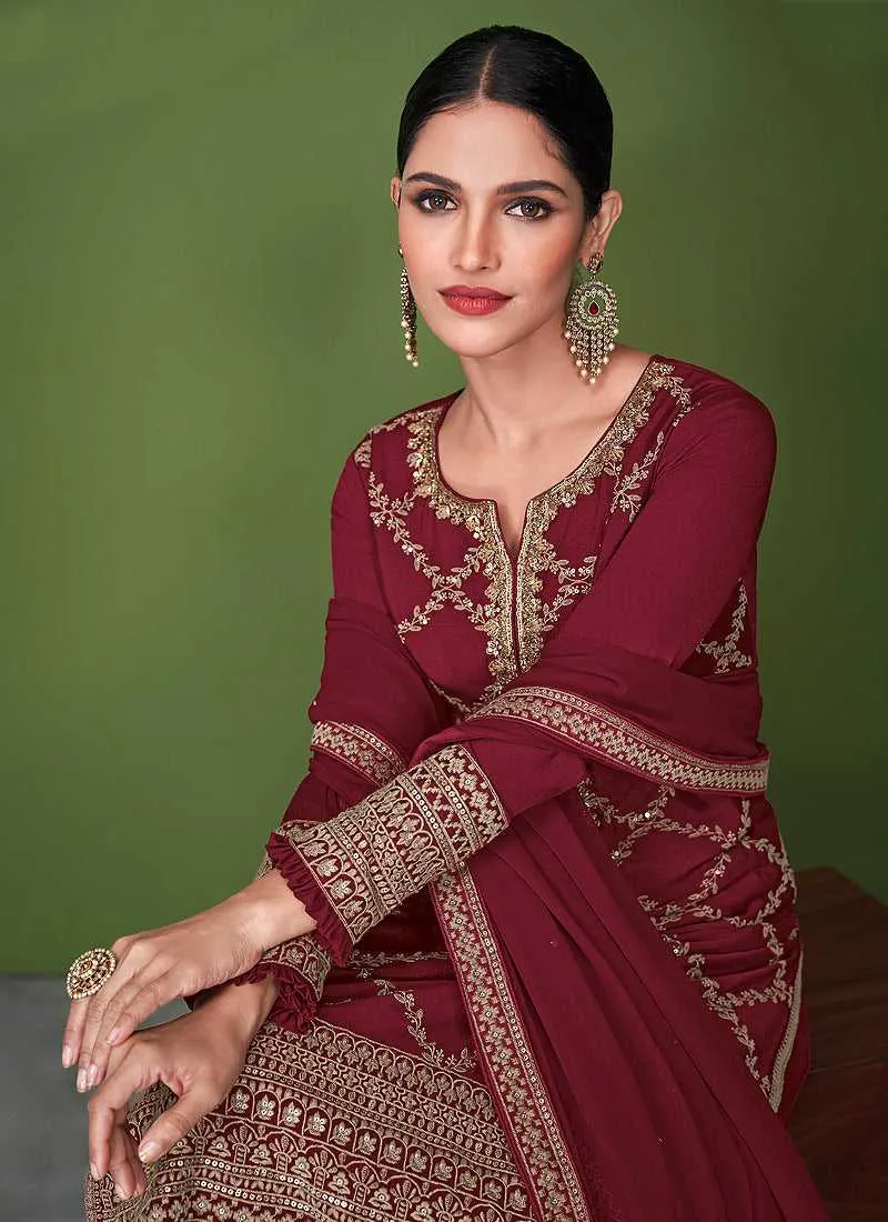 Red and Gold Embroidered Palazzo Style Suit