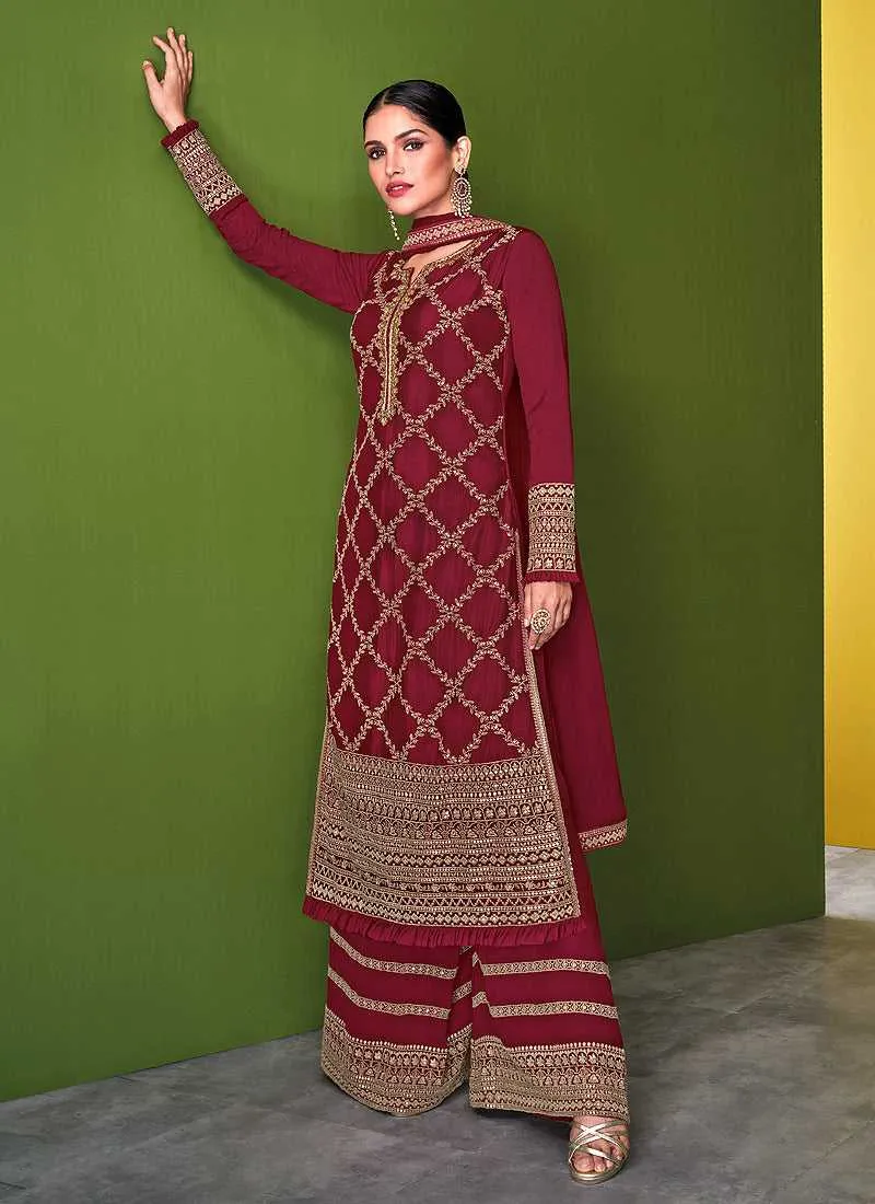 Red and Gold Embroidered Palazzo Style Suit