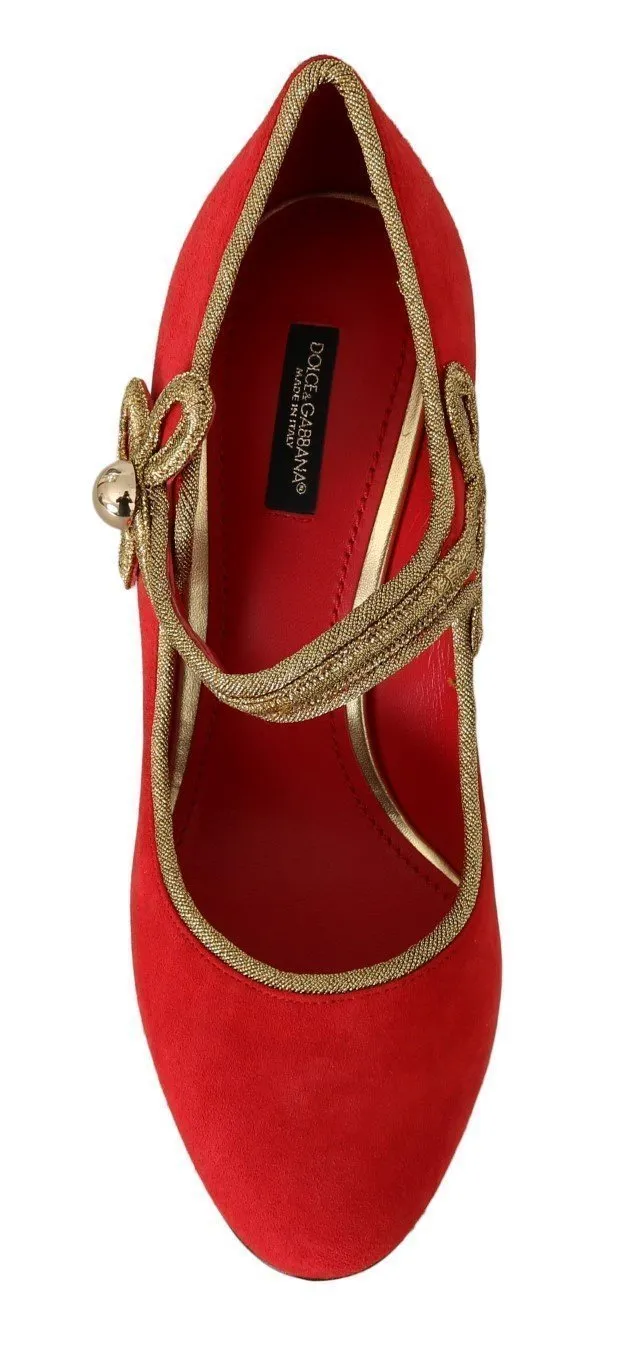 Red Leather Gold Studs Mary Janes Shoes