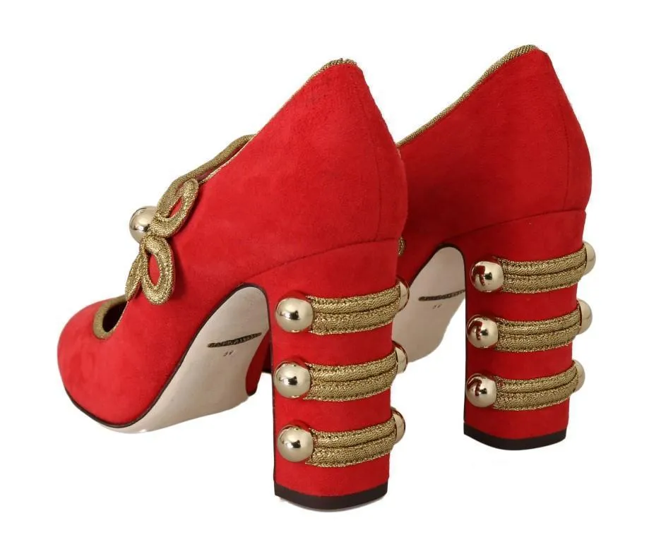 Red Leather Gold Studs Mary Janes Shoes