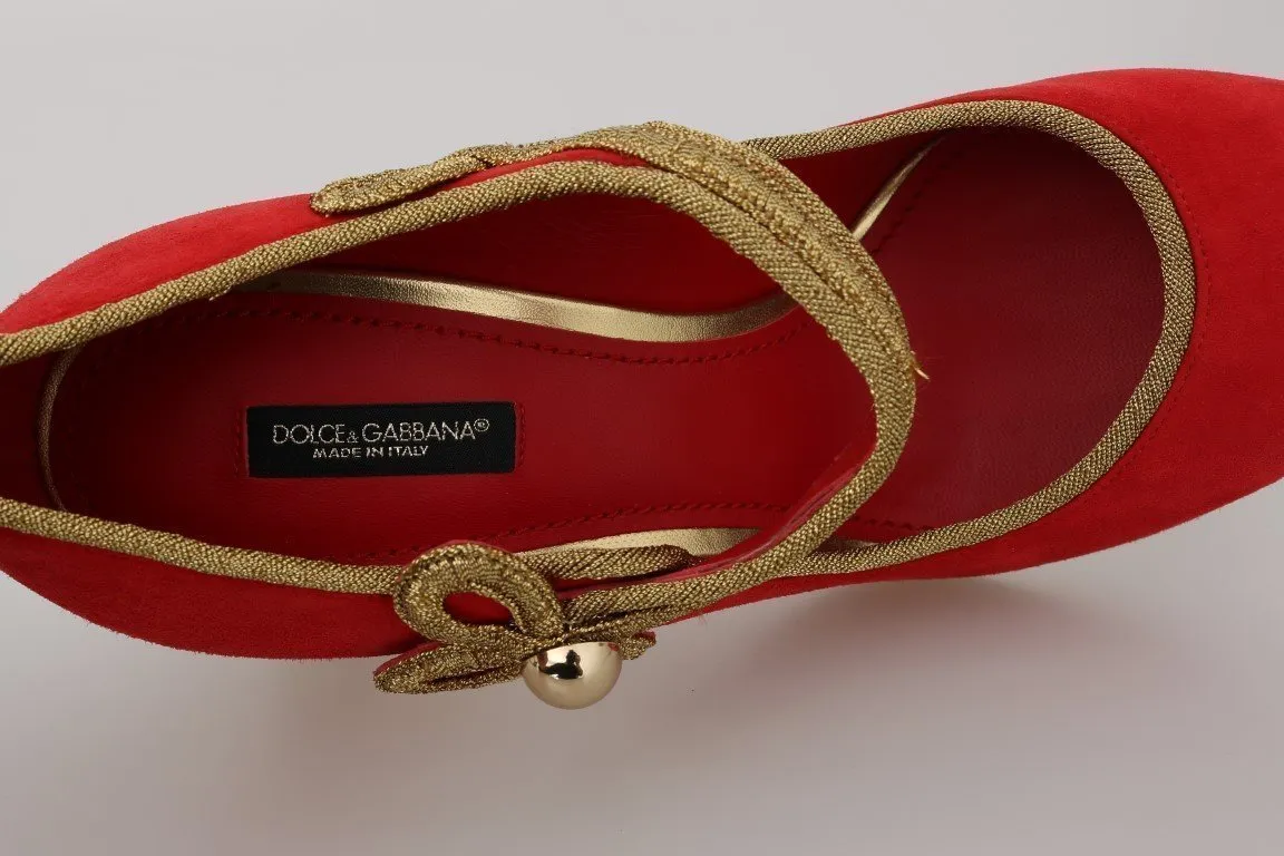 Red Leather Gold Studs Mary Janes Shoes