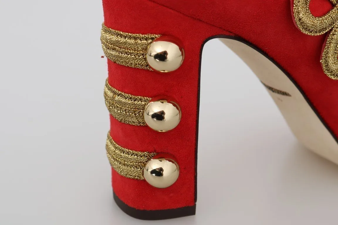 Red Leather Gold Studs Mary Janes Shoes
