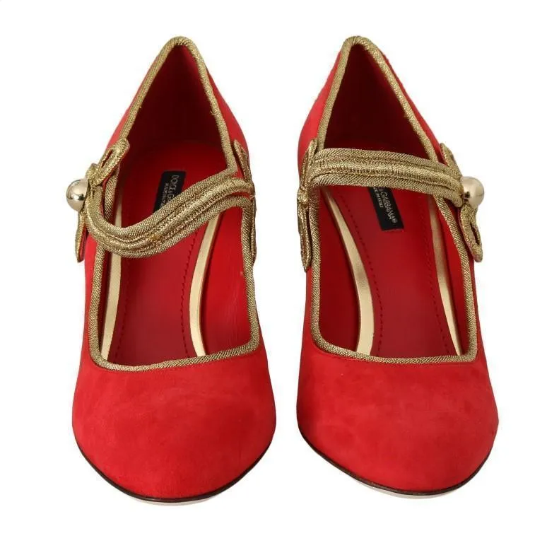 Red Leather Gold Studs Mary Janes Shoes