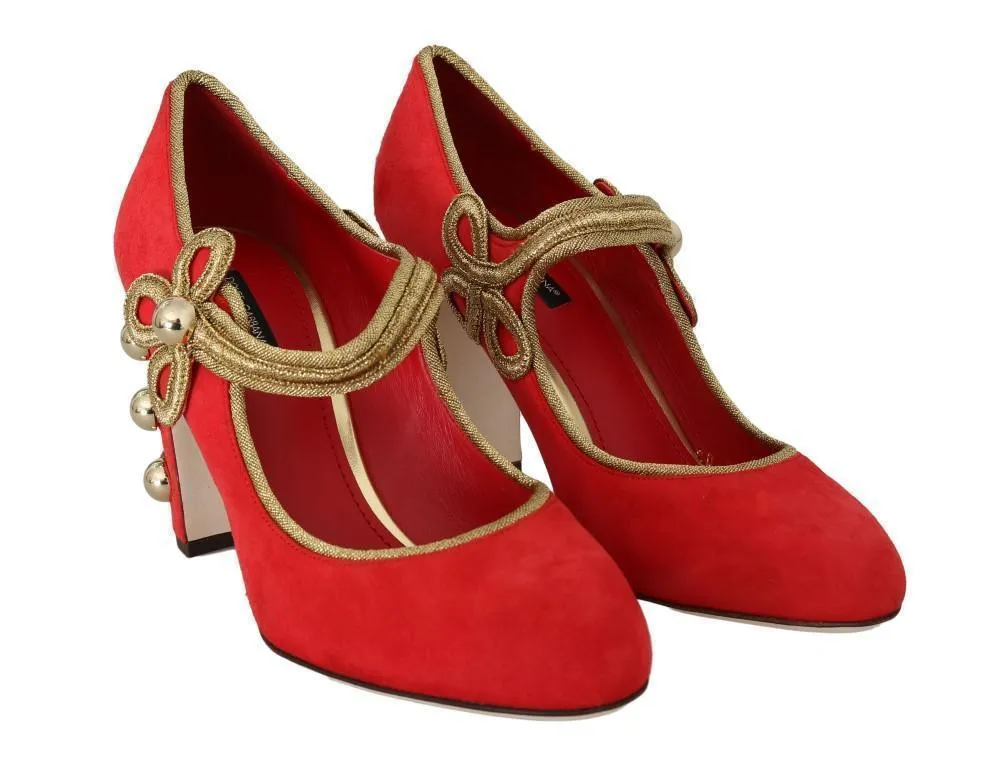 Red Leather Gold Studs Mary Janes Shoes