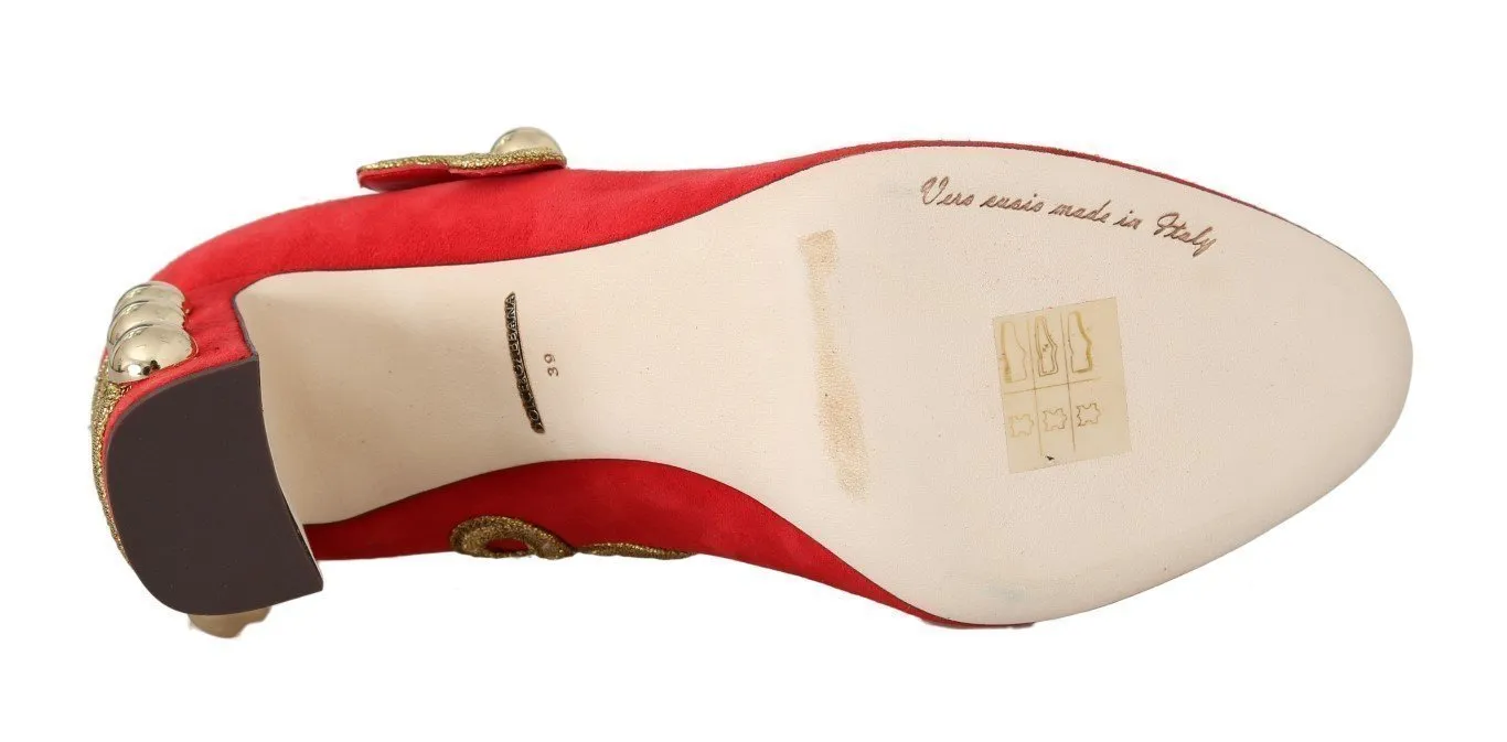 Red Leather Gold Studs Mary Janes Shoes