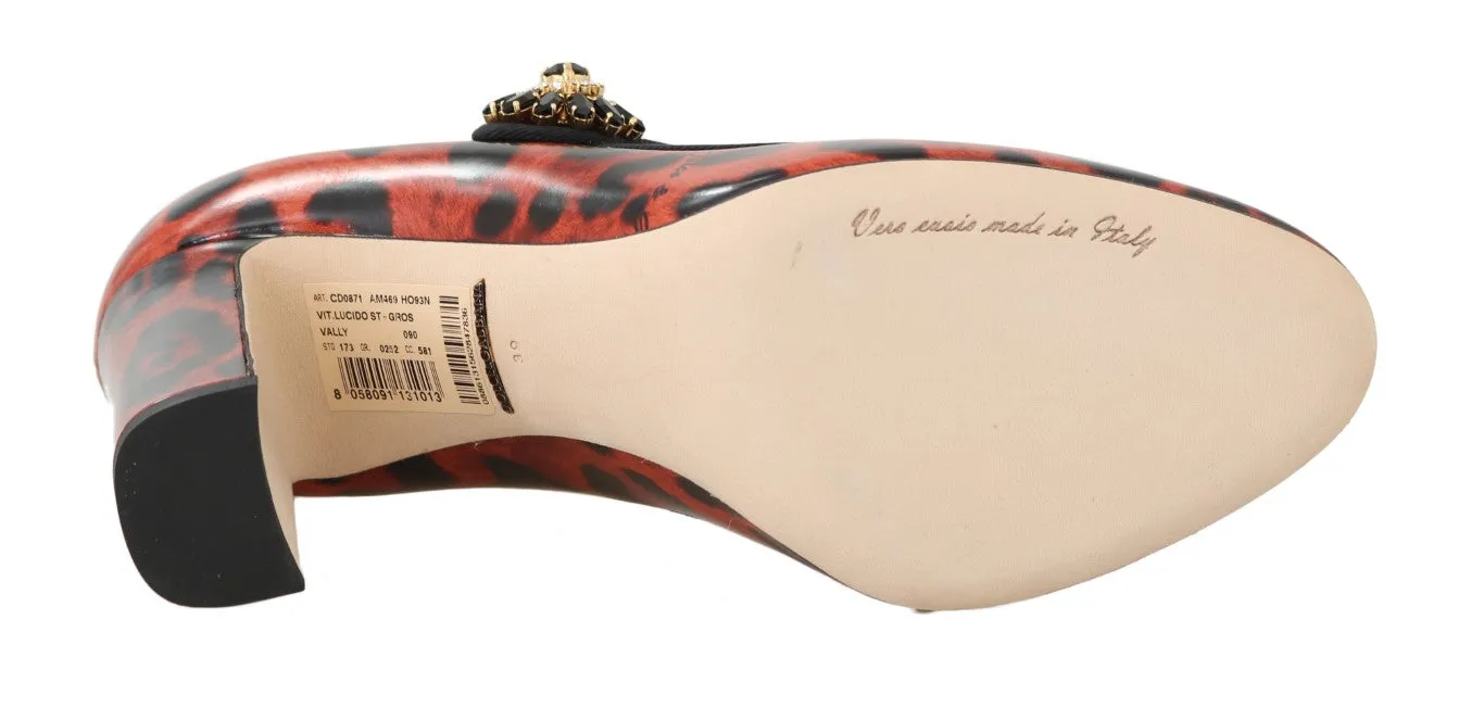 Red Leopard Leather Crystal Mary Janes Shoes
