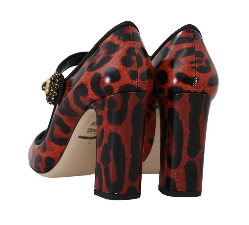 Red Leopard Leather Crystal Mary Janes Shoes