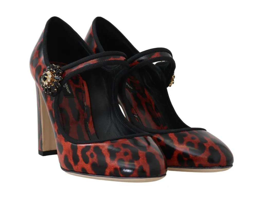 Red Leopard Leather Crystal Mary Janes Shoes