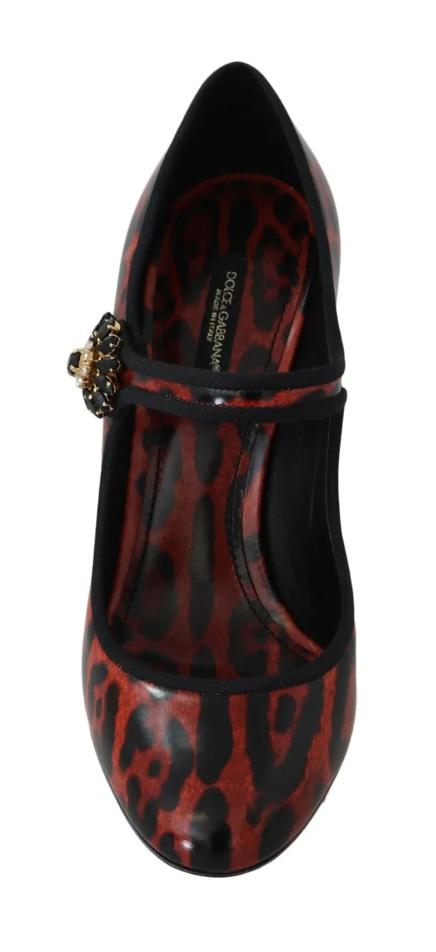 Red Leopard Leather Crystal Mary Janes Shoes