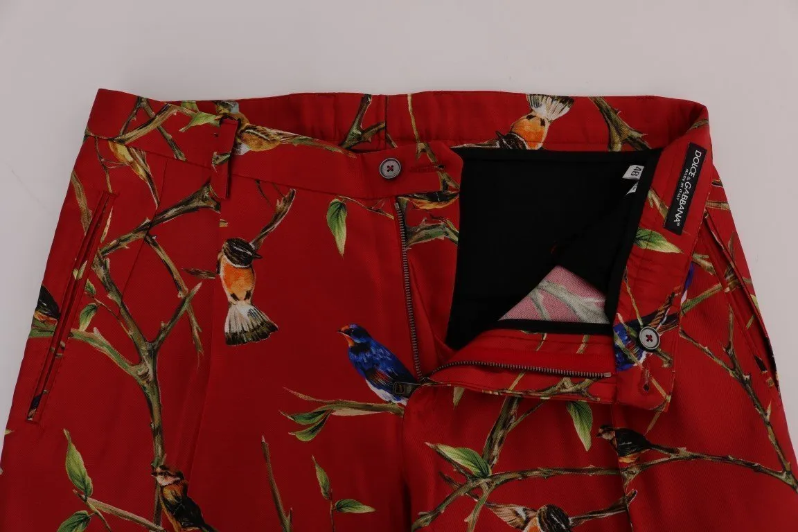 Red Silk Bird Print Dress Pants