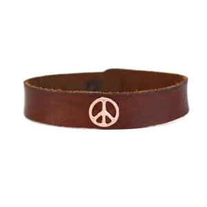 Rose Gold Peace Sign Brown Leather Bracelet