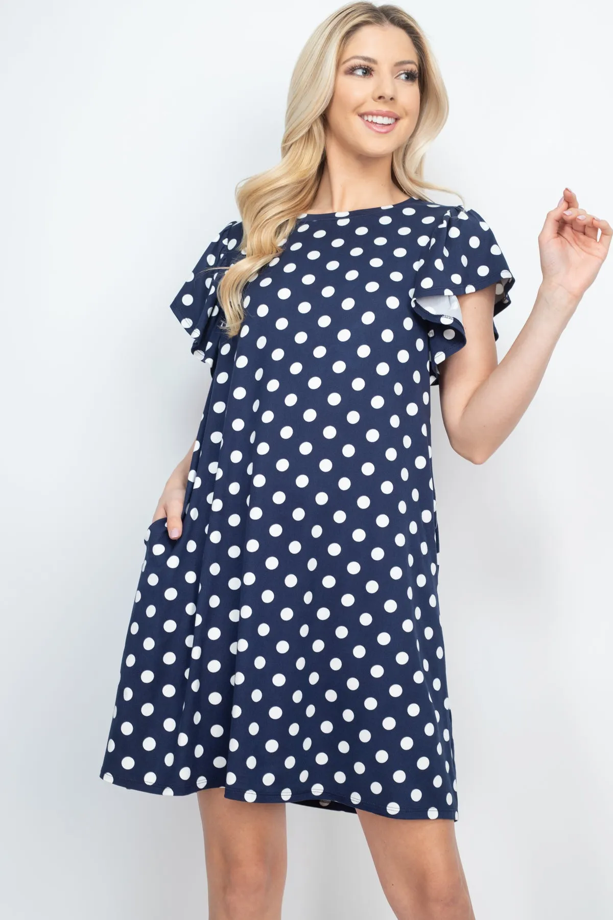 Ruffle Sleeve Round Neck Polka Dot Dress