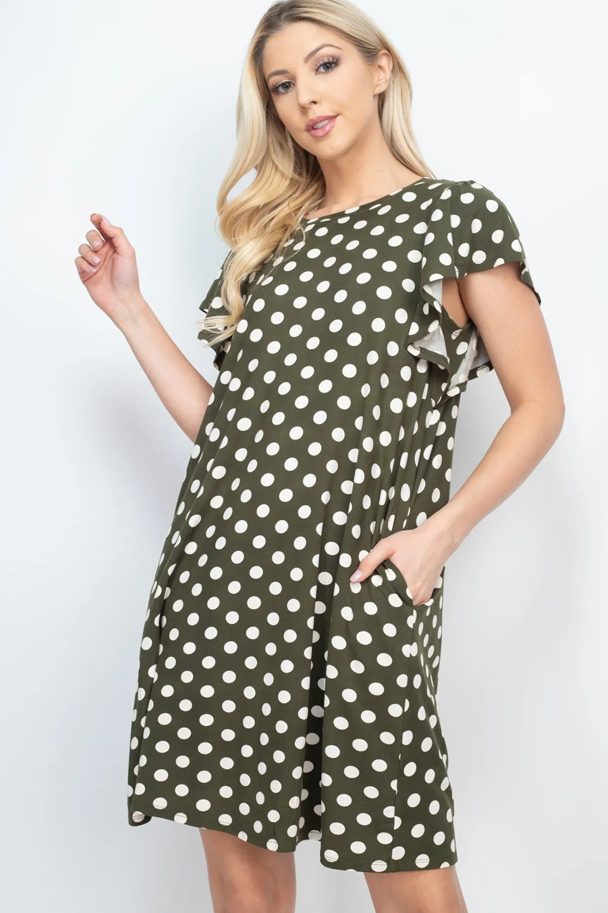 Ruffle Sleeve Round Neck Polka Dot Dress