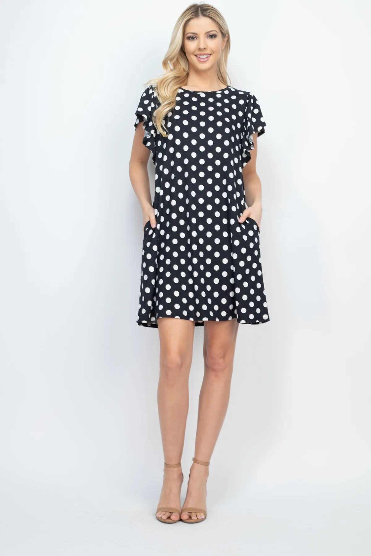 Ruffle Sleeve Round Neck Polka Dot Dress