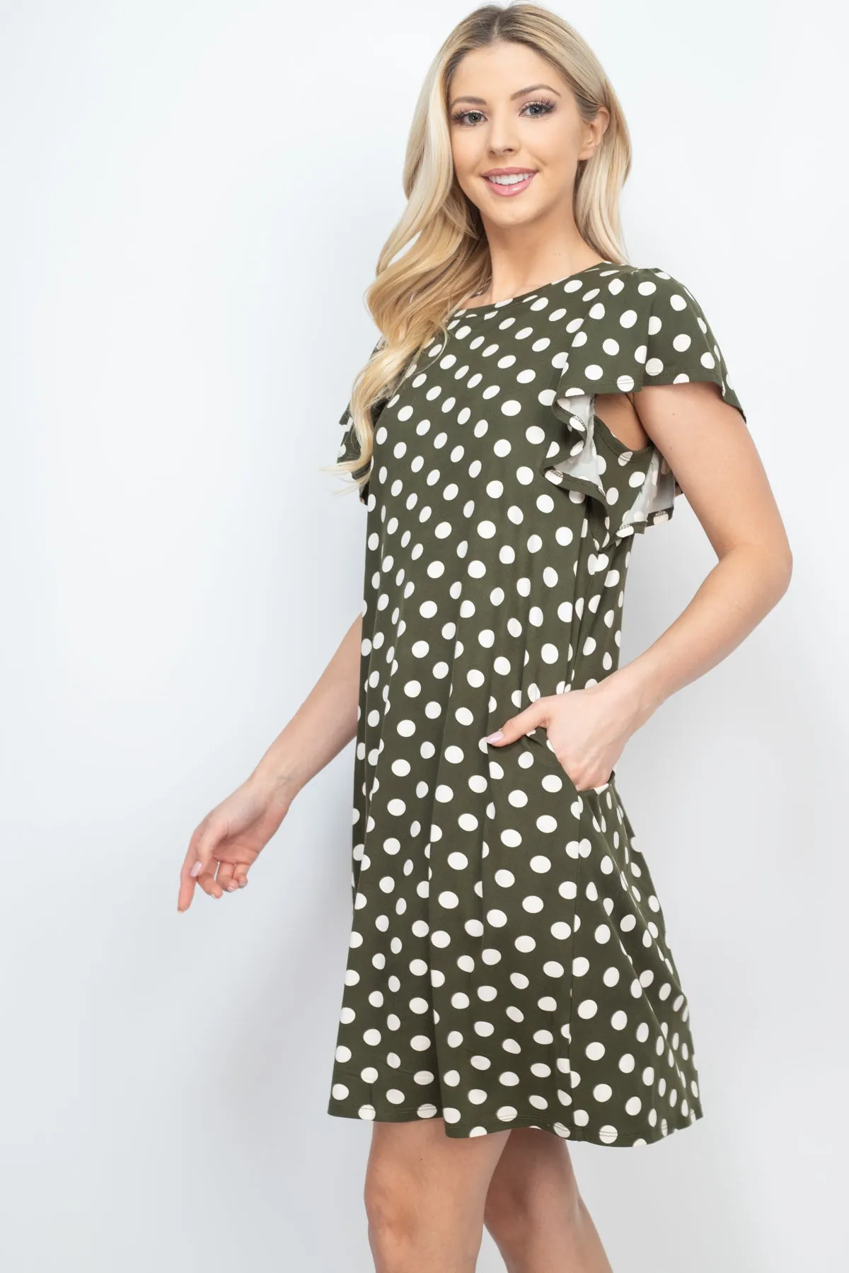 Ruffle Sleeve Round Neck Polka Dot Dress