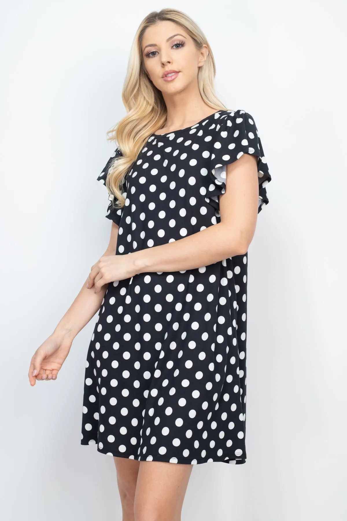 Ruffle Sleeve Round Neck Polka Dot Dress