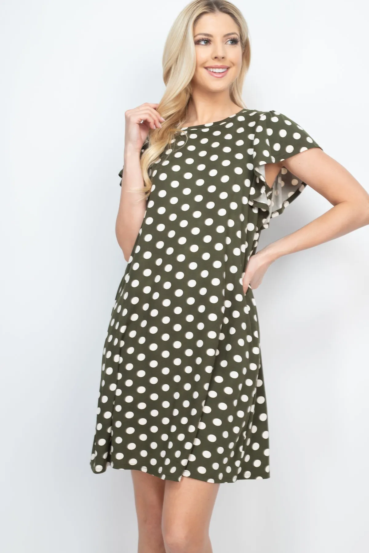 Ruffle Sleeve Round Neck Polka Dot Dress
