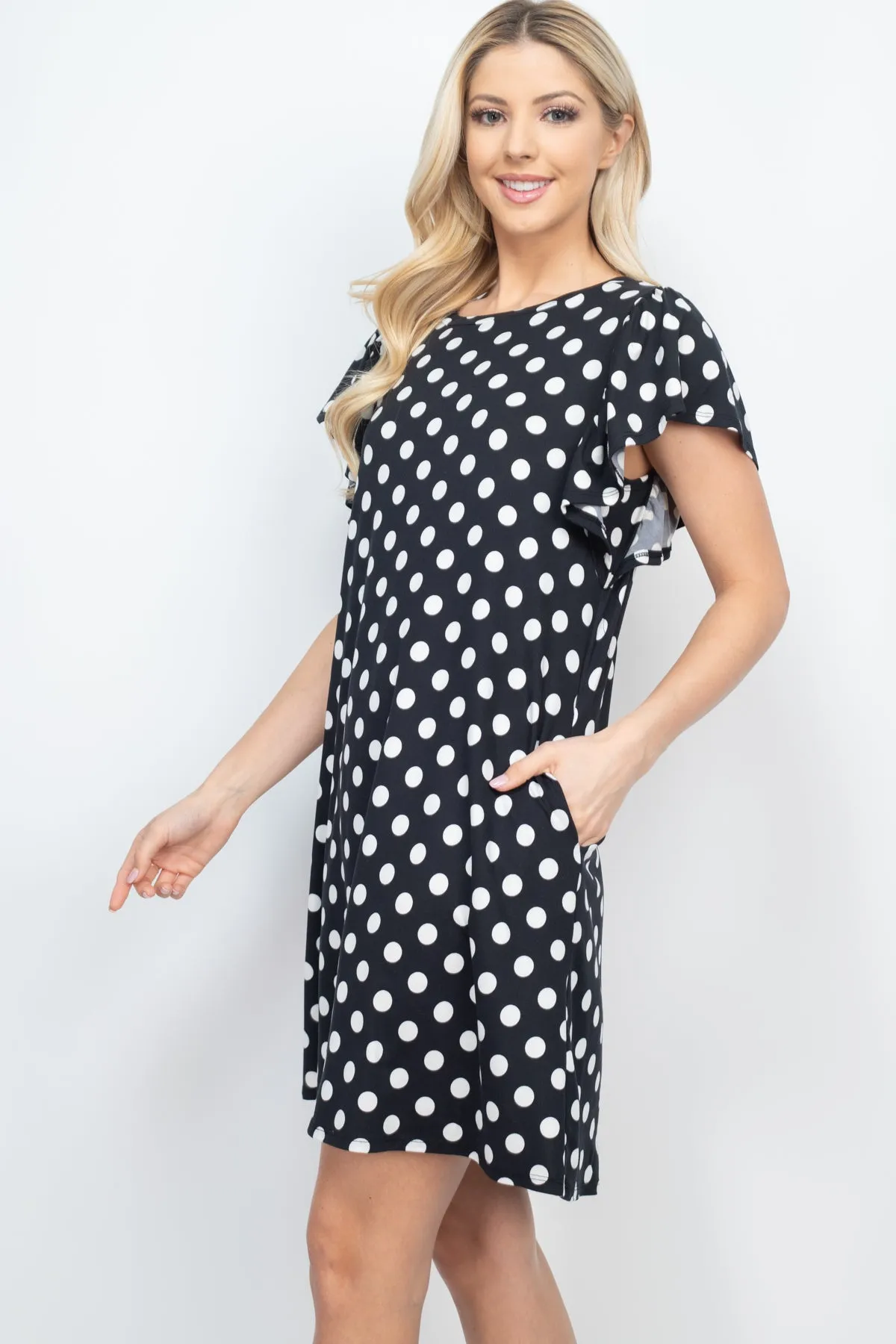 Ruffle Sleeve Round Neck Polka Dot Dress