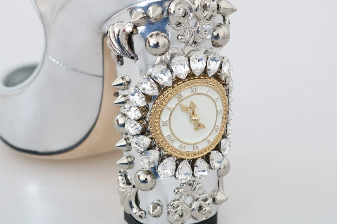 Silver Leather Crystal Clock Shoes