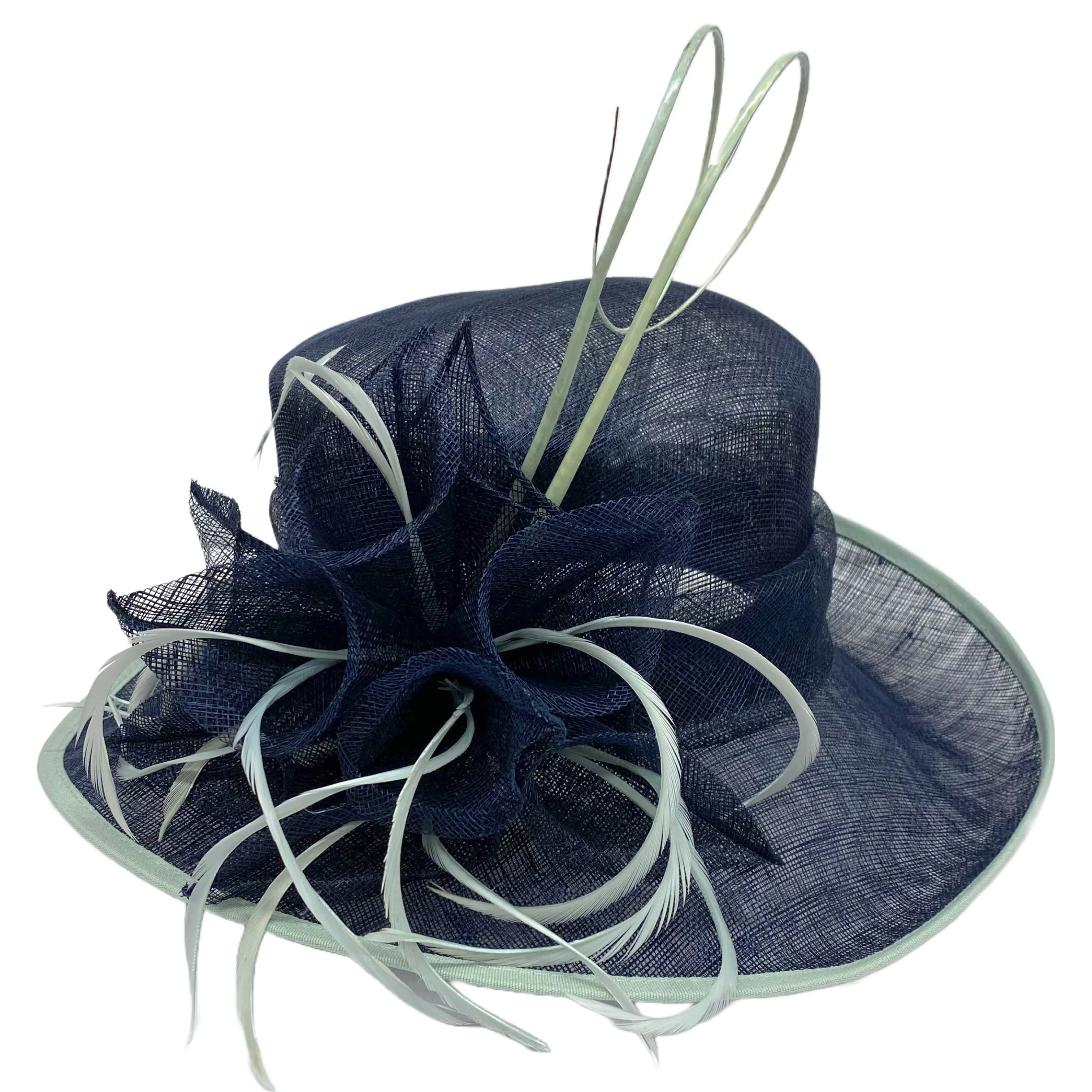 sinamay w/binding & quill ~ navy/mint