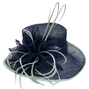 sinamay w/binding & quill ~ navy/mint