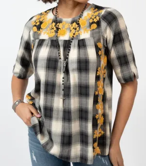 Sister Mary Rosie Short Slv Plain Peasant Top w/Floral Embroidered Detail